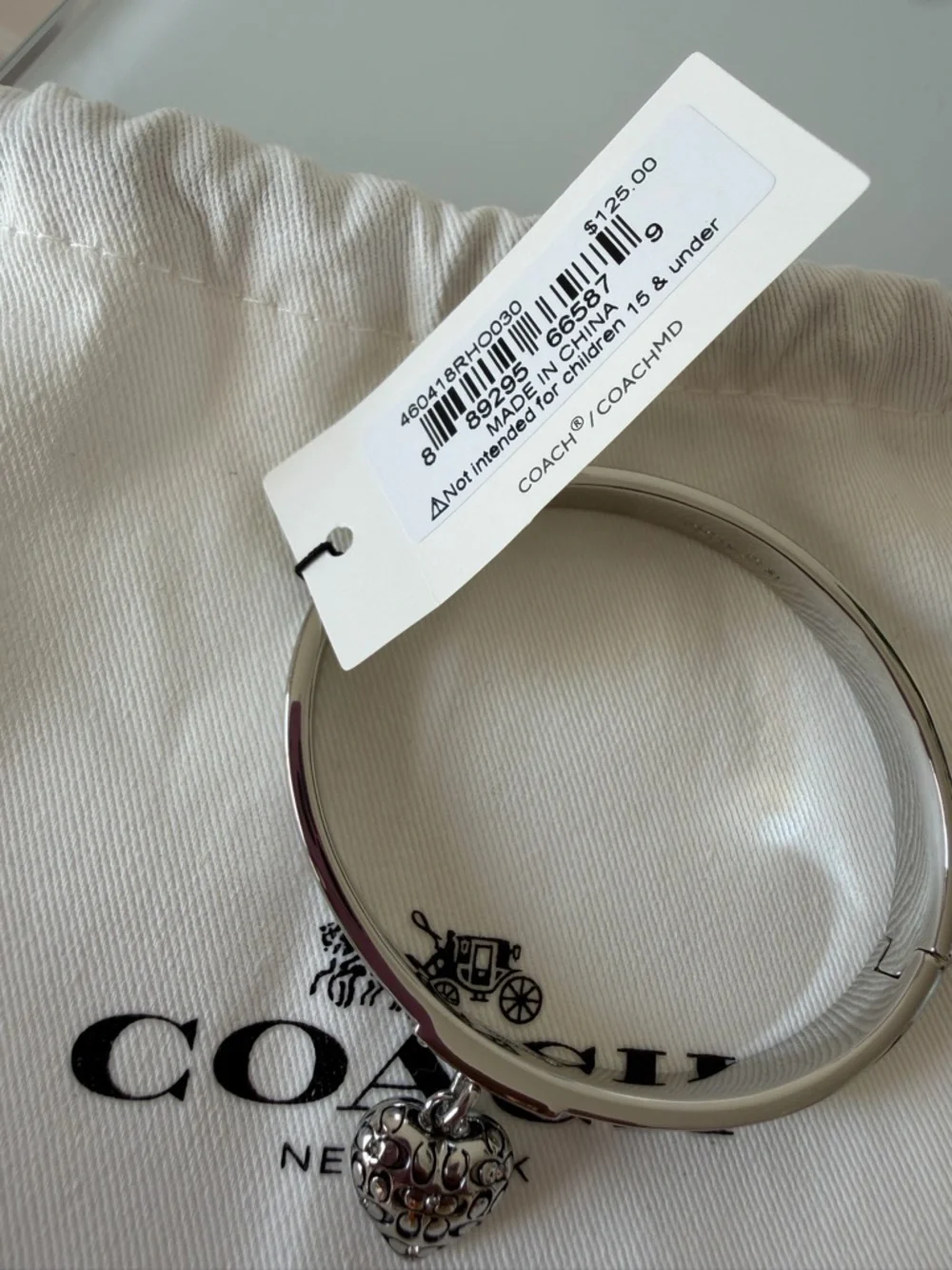 Coach Silver Heart Monogram Charm Bangle Hinge Bracelet